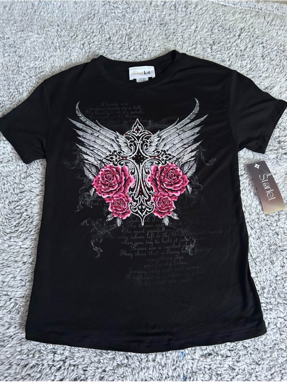 Black Graphic Tee with Pink Rose Cross